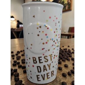 Starbucks 2015 Best Day Ever Confetti Ceramic Travel Mug Tumbler NWOT 10 Fl Oz